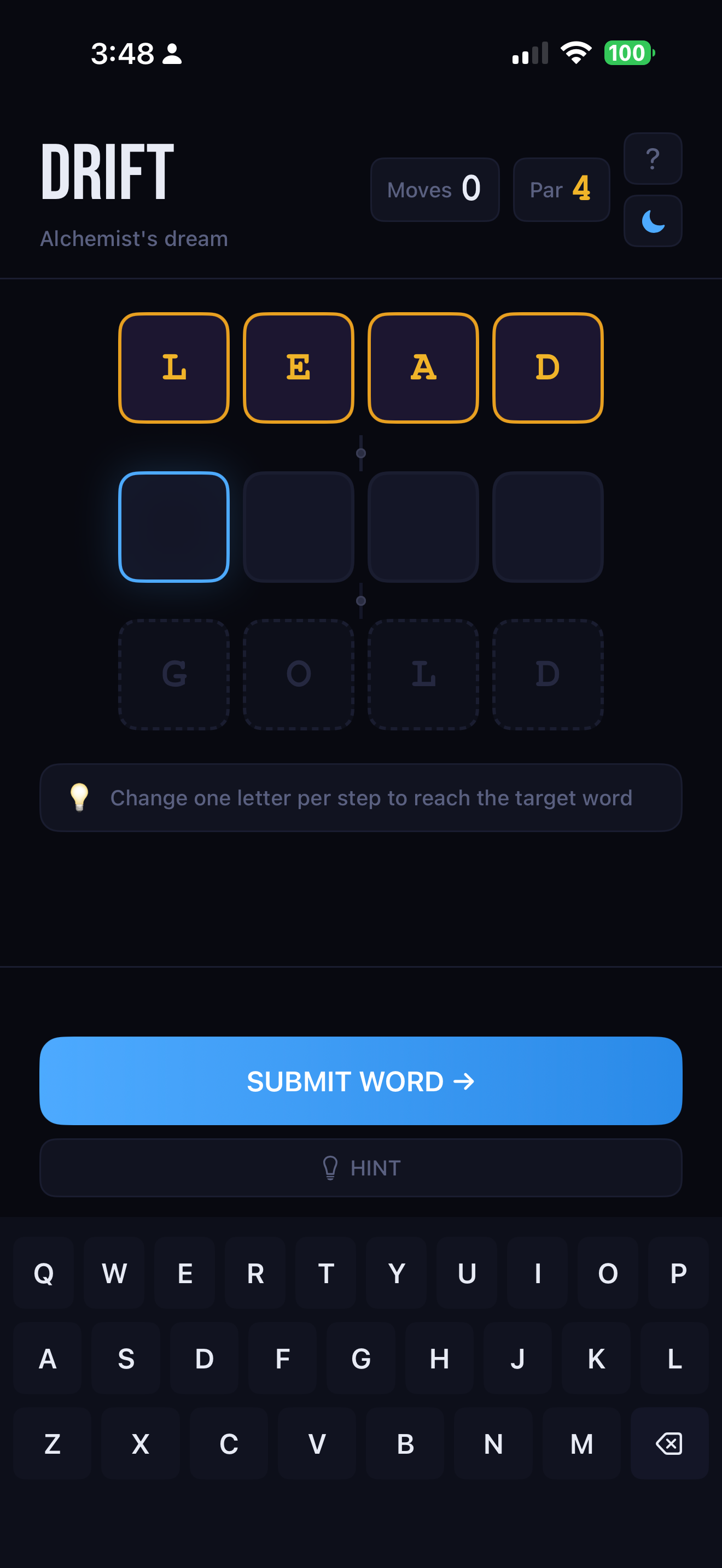 Drift game in dark mode — start of puzzle