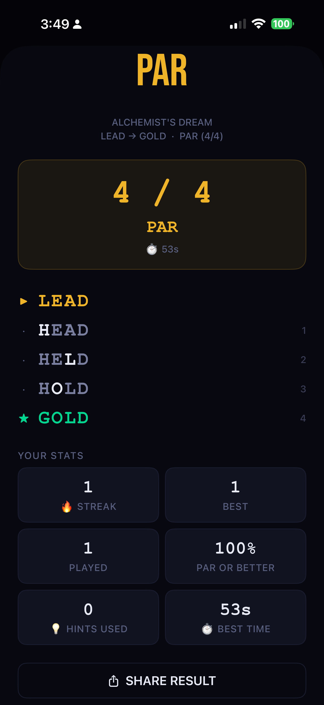 Drift completion screen showing PAR score and stats
