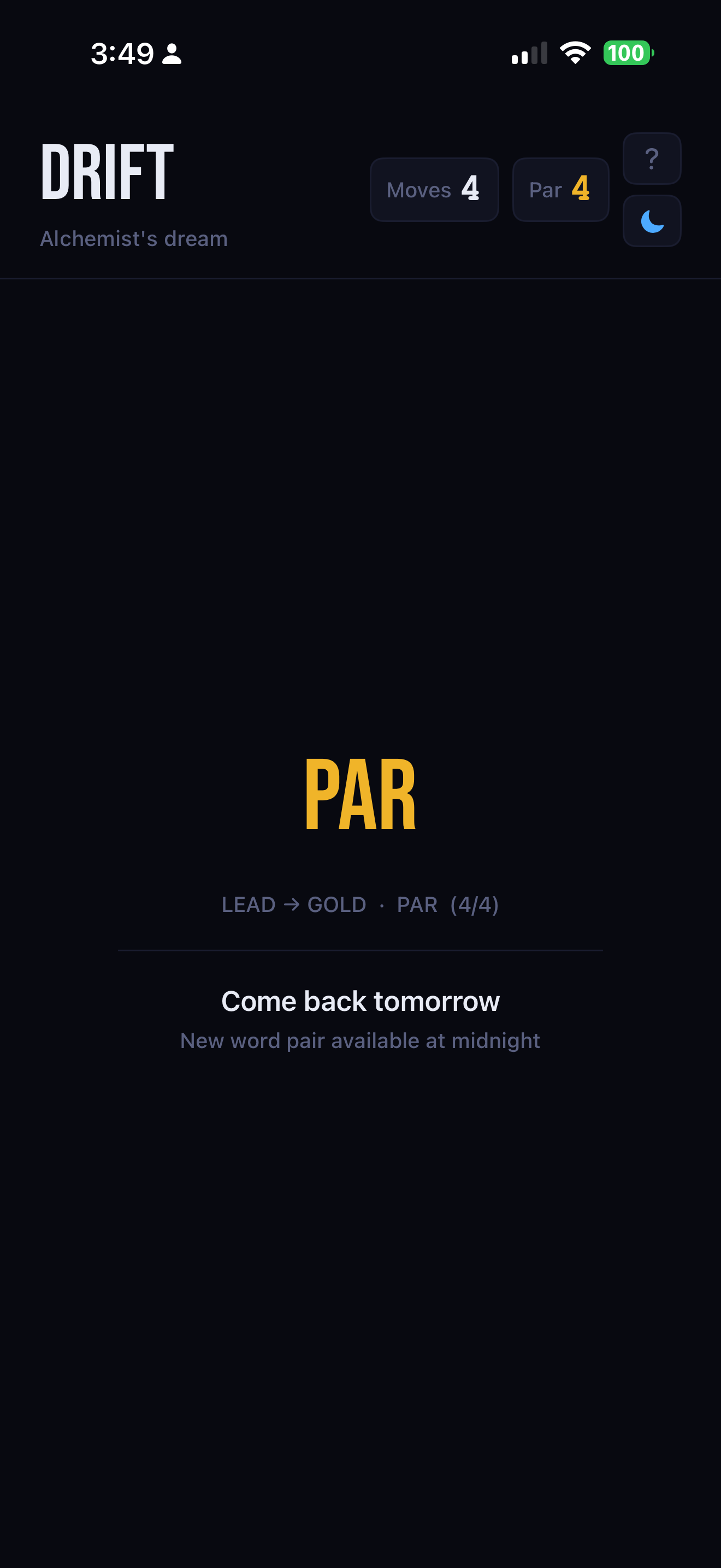 Drift completed state — come back tomorrow